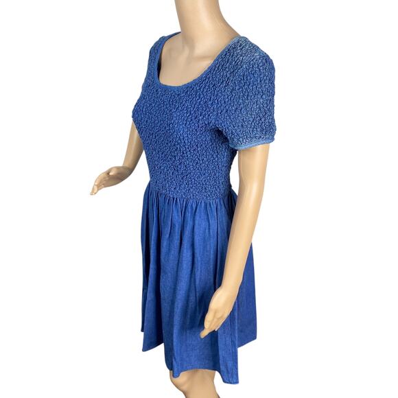 Vtg 90s Jeans by Express EXP Smocked Denim Fit & Flare Western Mini Dress SZ L - Picture 5 of 9
